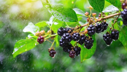 Fresh blackberry fruit on the tree after rain