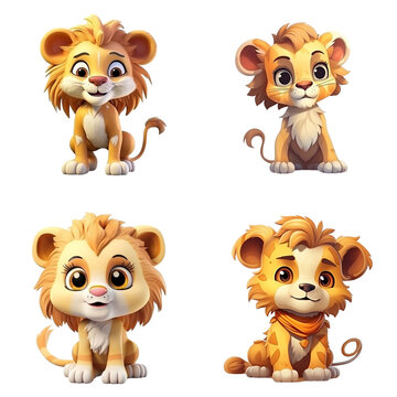 Set of 3d cute lion character on transparent background