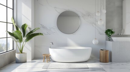 Spacious and bright bathroom interior with a freestanding tub, marble walls, natural light, and lush green plants.