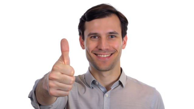 Happy businessman gesturing thumbs up, expressing success and positivity with a smiling face