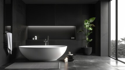 This minimalist bathroom features a stark black color scheme, a white freestanding tub, ambient backlighting, and a touch of nature with a potted plant.