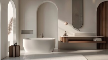 This tranquil bathroom sanctuary is characterized by its soft light, arched openings, a white freestanding bathtub, and wooden vanity accents, inviting a serene experience.
