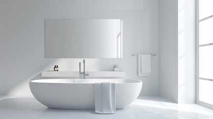 Fototapeta na wymiar A pristine white bathroom basks in natural light, featuring a modern freestanding bathtub, minimalistic design, and clean lines for a tranquil, spa-like environment.