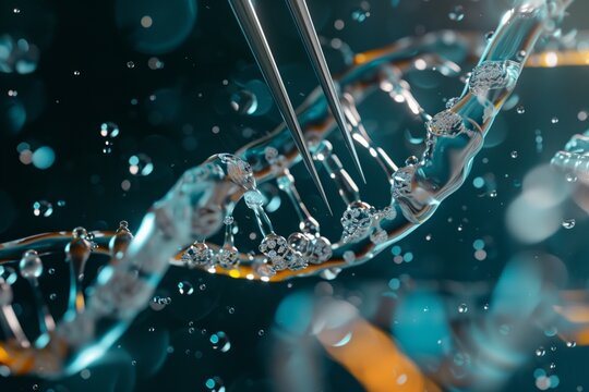 Spiral DNA strand, with a portion grasped by macro tweezers. Genome editing, DNA and gene repair, genetic modification, and heredity. Concept of futuristic advanced technologies