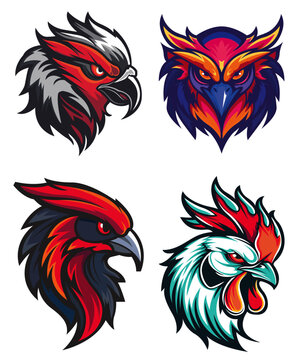 Collection of Birds logos, Hawk logo, Fenix logo, Rooster logo. Vector design, brand, mascot.