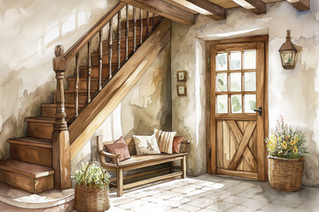 Watercolor Illustration of a Traditional Rustic Hallway. Charming Farmhouse Entrance with Wooden Staircase and Bench