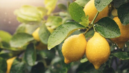 Fresh lemon fruit on the tree with drop water after rain
