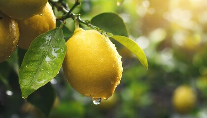 Fresh lemon fruit on the tree with drop water after rain