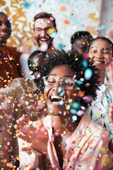 Four friends are sharing a joyful moment together, laughing and surrounded by a shower of colorful confetti 