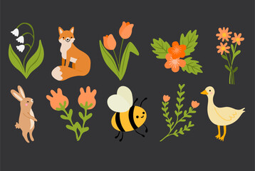 Spring set, flowers, bee, fox and other. Perfect for web, card, poster, cover, tag, invitation, sticker kit. Vector illustration.