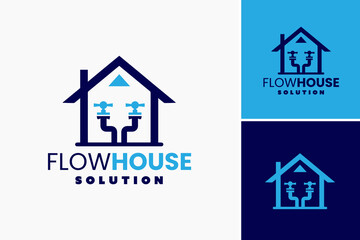 Flow House Plumbing Solution logo. Fluid pipes encircling a house, representing seamless plumbing solutions. Ideal for plumbing companies offering comprehensive services.