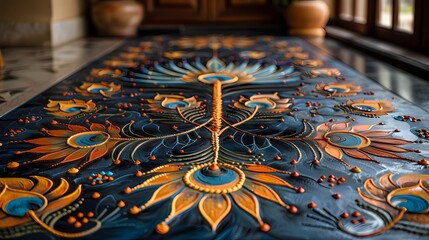 An intricately designed Janmashtami rangoli pattern featuring motifs of peacocks, butter pots, and Krishna's flute, adorning the entrance of a home - obrazy, fototapety, plakaty