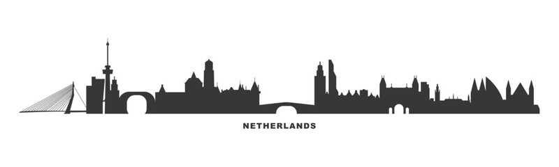 Netherlands, Holland country skyline with cities panorama. Vector flat banner, logo. Amsterdam, Rotterdam, The Hague, Utrecht silhouette for footer, steamer, header. Isolated graphic