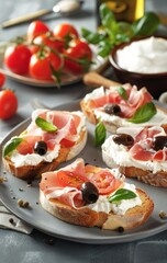 Gourmet Tomato and Prosciutto Bruschetta With Olives and Basil on a White Plate