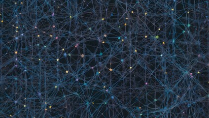 Blue abstract backdrop with a tapestry of interlaced dots and lines in various colors, symbolizing a complex web of connections Generative AI