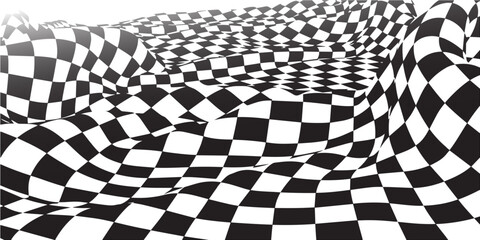 Abstract vector background  wavy surface with curve pattern  black quards. Black checkers isolated on white.