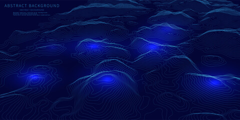 Abstract topographic map background on blue. Technology elevation map with contour lines. Landscape design vector.