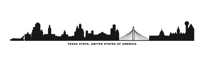USA Texas state skyline with cities panorama. Vector flat banner, logo for America region. Houston, Austin, Dallas, San Antonio silhouette for footer, steamer, header. Isolated graphic