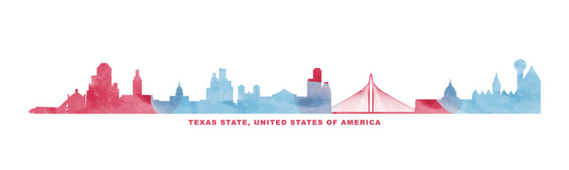 USA Texas state watercolor skyline with cities panorama. Vector flat banner, logo for America region. Houston, Austin, Dallas, San Antonio silhouette for footer, steamer, header. Isolated graphic - obrazy, fototapety, plakaty