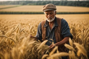 Naklejka na ściany i meble mature farmer in agricultural wheat field. agriculture, farming and harvesting concept