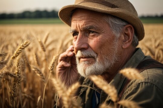 mature farmer in agricultural wheat field. agriculture, farming and harvesting concept