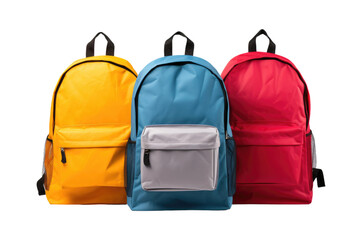Three Backpacks Aligned Side by Side. On a White or Clear Surface PNG Transparent Background..