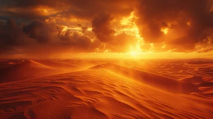 Foto op Plexiglas A mystical surreal sandy landscape in red and orange tones in the desert at dawn or sunset. Futuristic terrain © CaptainMCity