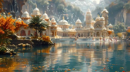 A breathtaking view of a temple complex dedicated to Lord Krishna, with intricate carvings and architecture reflecting the rich cultural heritage - obrazy, fototapety, plakaty