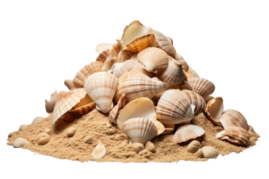 A Pile of Seashells on a White Background. On a White or Clear Surface PNG Transparent Background..