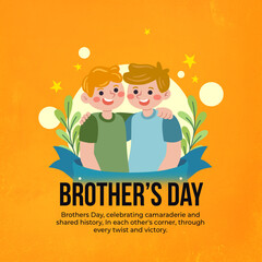 Illustration of two brothers with a yellow background. Text reads 