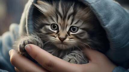 Women's hands are holding a cute kitten in their arms. Best friend, friendship between an animal and a human, caring.