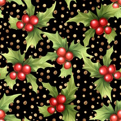 Christmas Holly seamless pattern on black background - 762987975