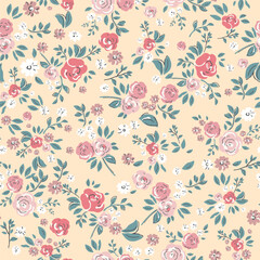 Delicate watercolor seamless pattern depicting pink, red and white flowers on a light beige background.