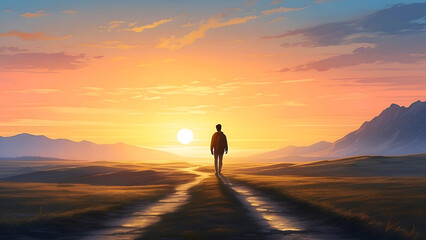 Fototapeta na wymiar A human figure walking towards a sunrise, with the path illuminated, Background Image