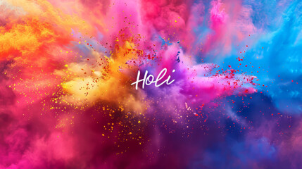 Holi the Indian festival of colors background with written word Holi and colorful powder backdrop - obrazy, fototapety, plakaty