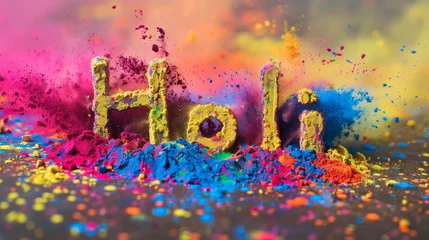 Deurstickers Holi the Indian festival of colors background with written word Holi and colorful powder backdrop © Keitma