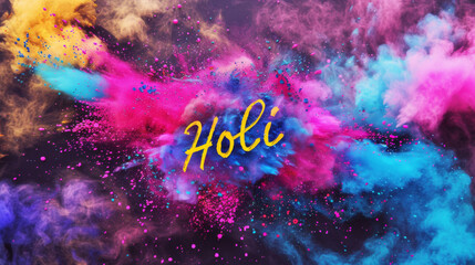 Holi the Indian festival of colors background with written word Holi and colorful powder backdrop - obrazy, fototapety, plakaty