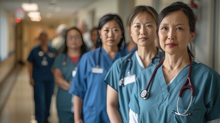 Portrait of Asian female nurse team in hospital corridor. Group of woman doctors wear uniform in hospital corridor