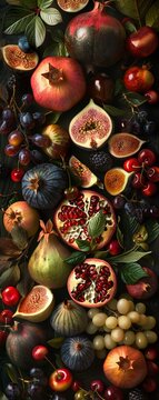 Bring the classical elements to life in a stunning image showcasing fruits representing earth Use a panoramic view to highlight the abundance and fertility symbolized by fruits