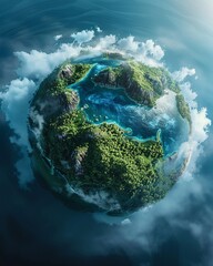 Capture the essence of global climate goals in a visually striking way from a birds-eye view Showcase key environmental policies and their impact on the planets future