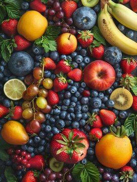 Craft a visually captivating scene of fruits embodying the earth element in a panoramic setting Choose a diverse array of fruits such as strawberries, blueberries, and bananas