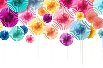 Colorful Paper Fans Hanging From Strings. On a White or Clear Surface PNG Transparent Background..