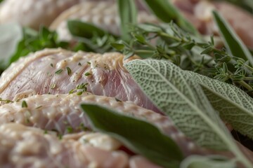 Close-Up of Raw Chicken Legs with Herbs, Detailed Texture