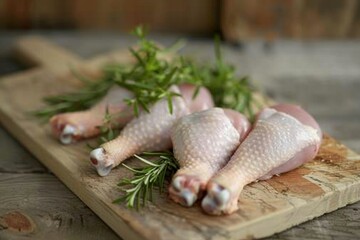Side Angle View of Raw Chicken Legs with Herbs on Cutting Board