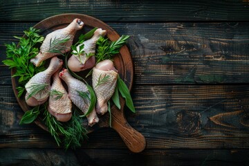 Culinary Preparation of Raw Chicken Legs with Herbs on Wood
