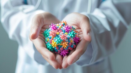 Close-up of doctor hands in gloves in white medical coat, holding a colorful virus. Research and healthcare combat against infectious diseases concept.