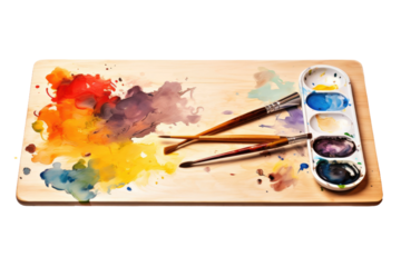 Wooden Tray With Paint and Brushes. On a White or Clear Surface PNG Transparent Background..