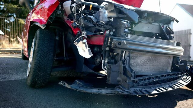 Red Car With Damaged Front End Due To Collision. Car Crash Accident. closeup shot
