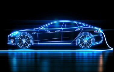 Neon Blue Light Outline of Modern Electric Car