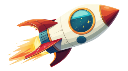 Cartoon rocket space ship take off, isolated on transparent
